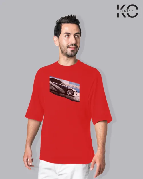 Image of Red color drop shoulder t-shirt with Car Vector Print for men at reasonable price